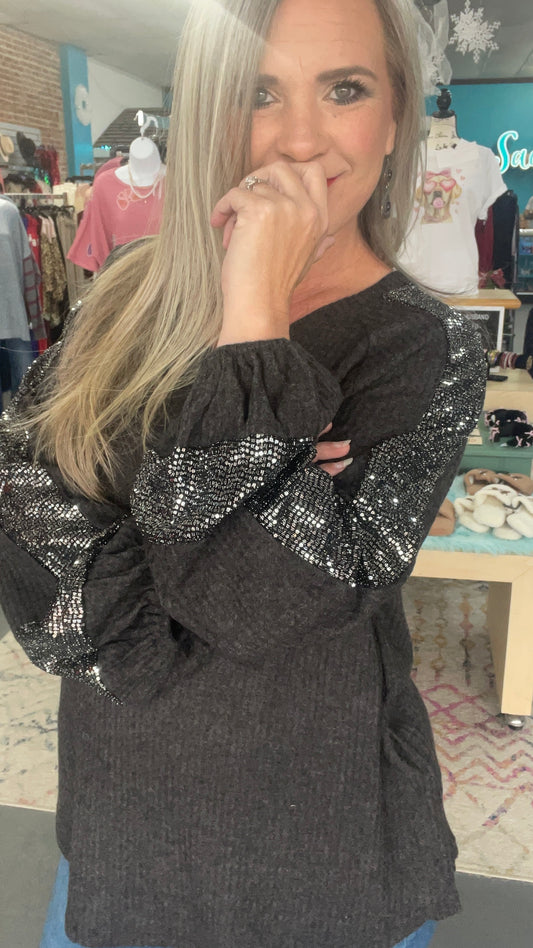 Sequin Bubble Sleeve Top-Plus