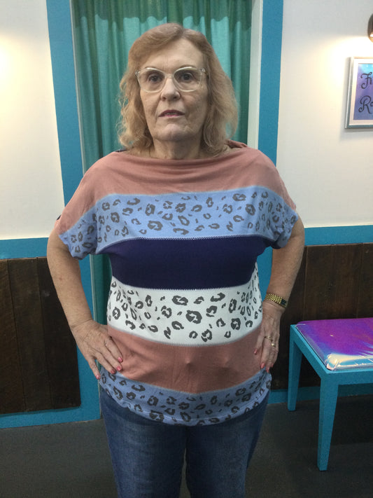 Multi stripe and animal print boatneck top