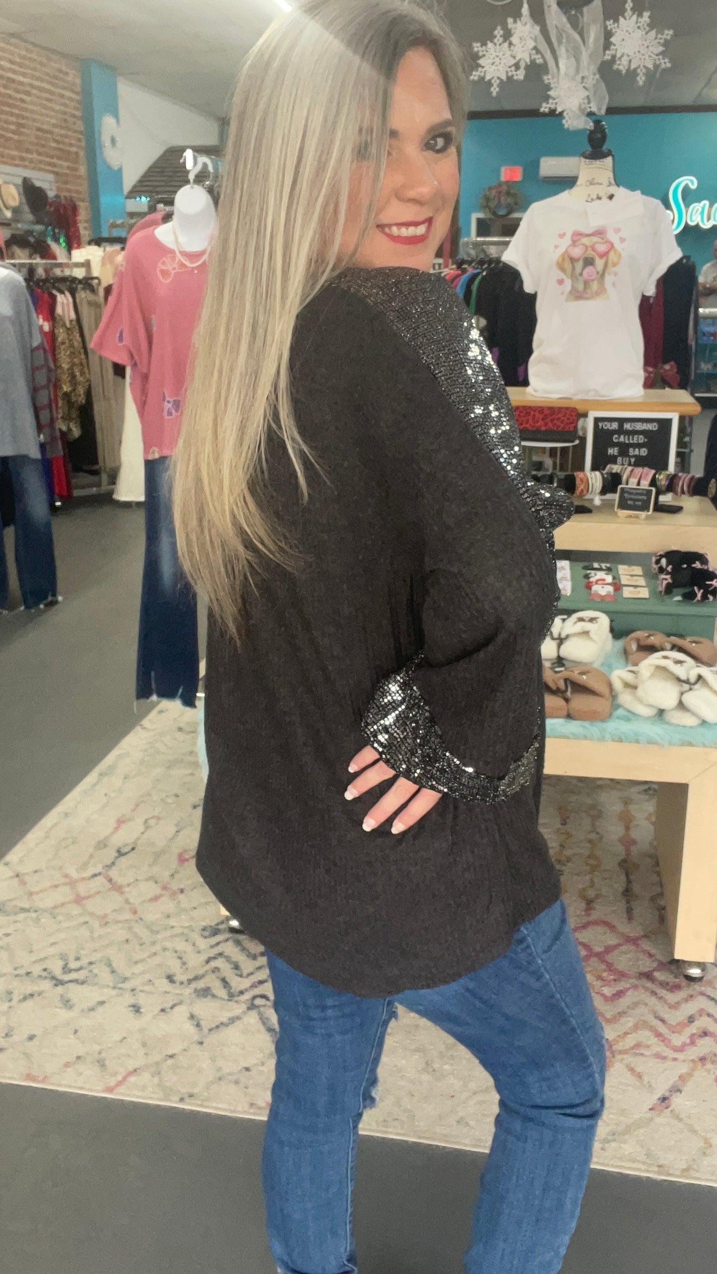 Sequin Bubble Sleeve Top-Plus