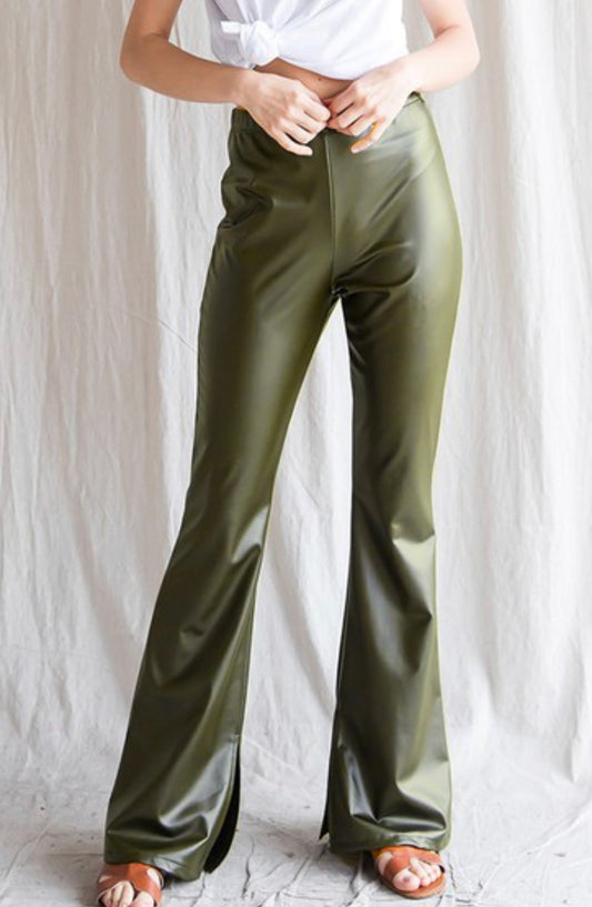 Olive Leather Flares