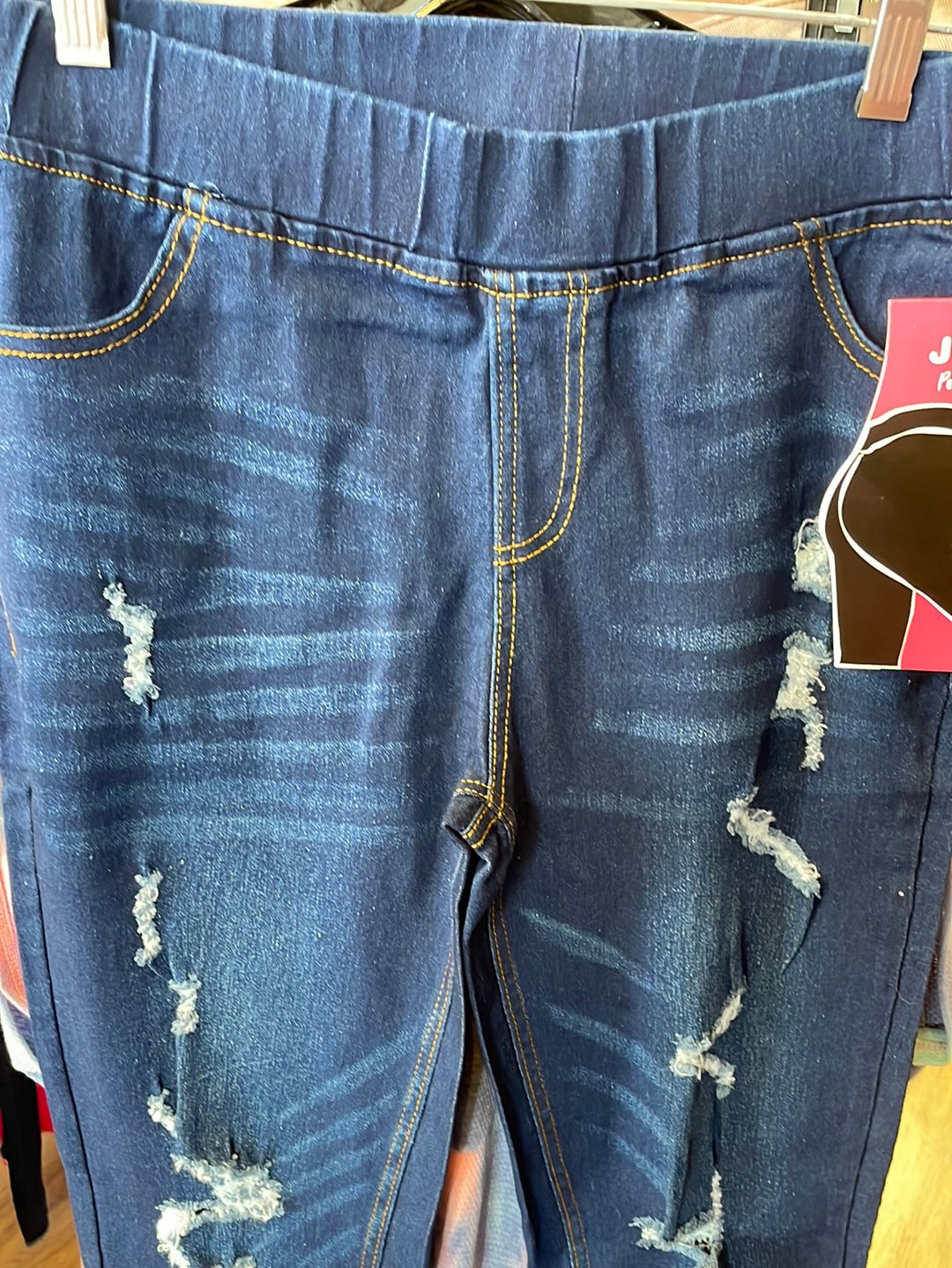 Pull on distressed denim jeggings