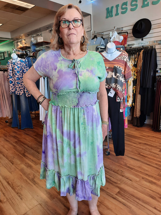 Tie die ribbon detail neckline dress