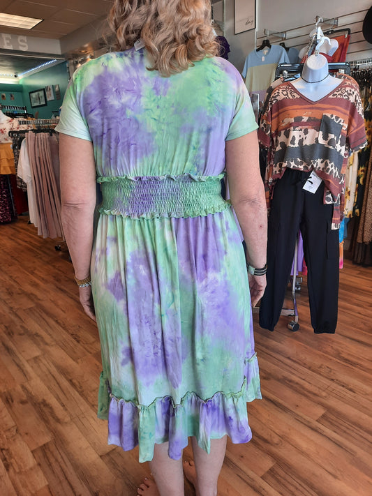 Tie die ribbon detail neckline dress