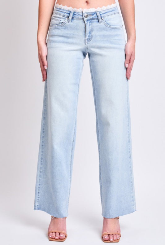 Lace Trim Wide Leg Jeans