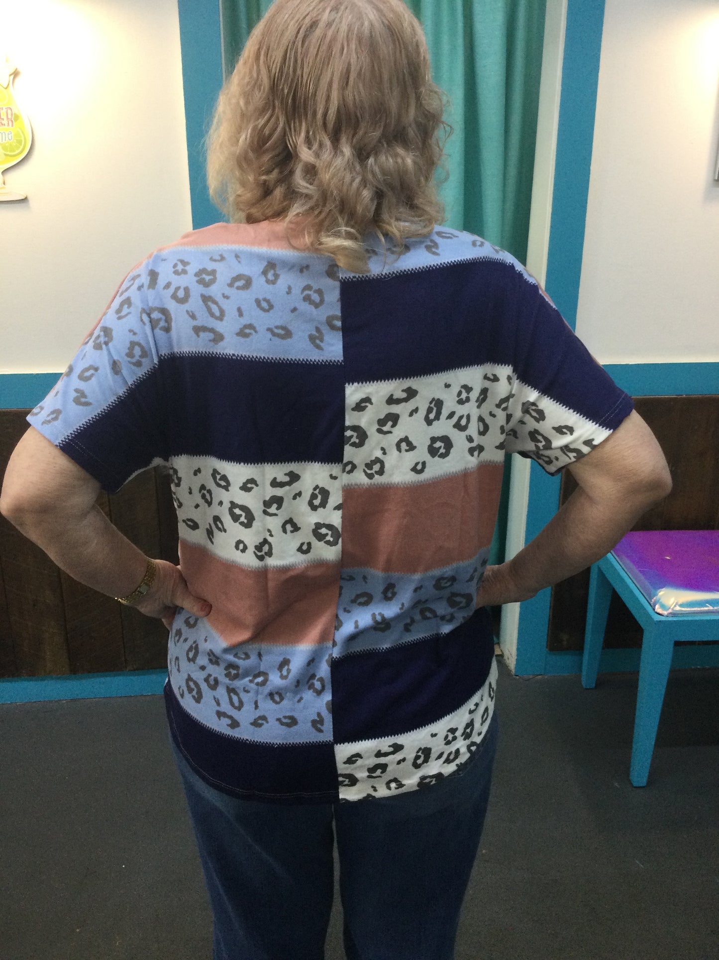 Multi stripe and animal print boatneck top
