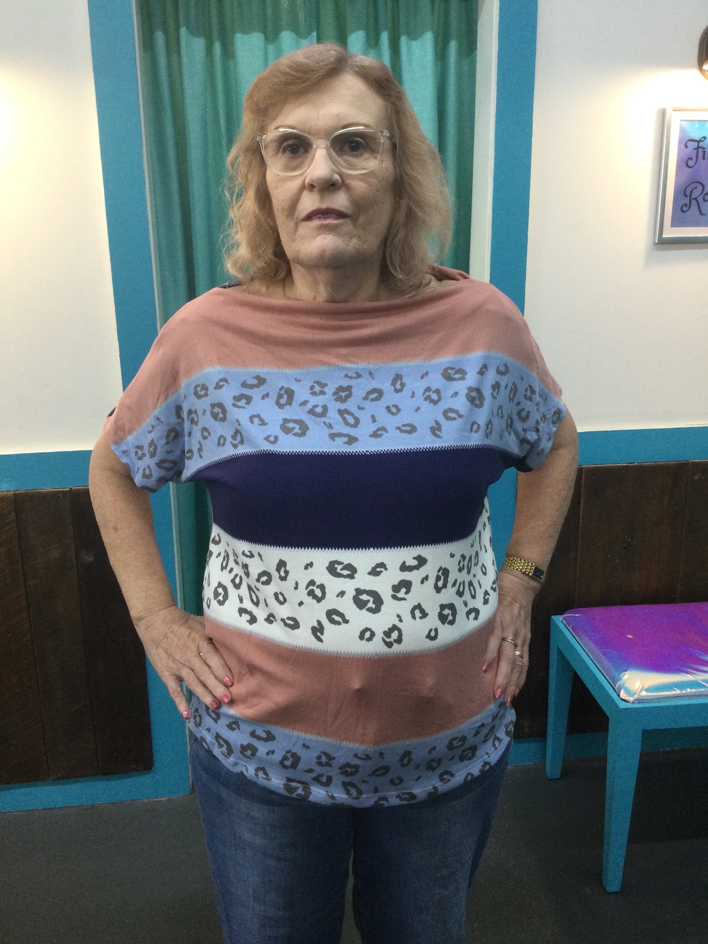 Multi stripe and animal print boatneck top