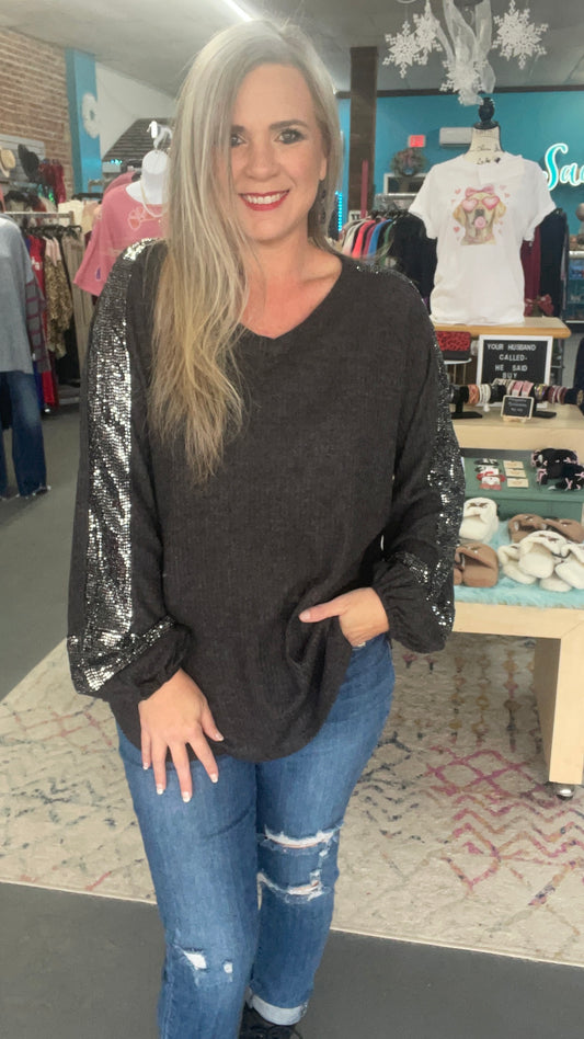Sequin Bubble Sleeve Top-Plus