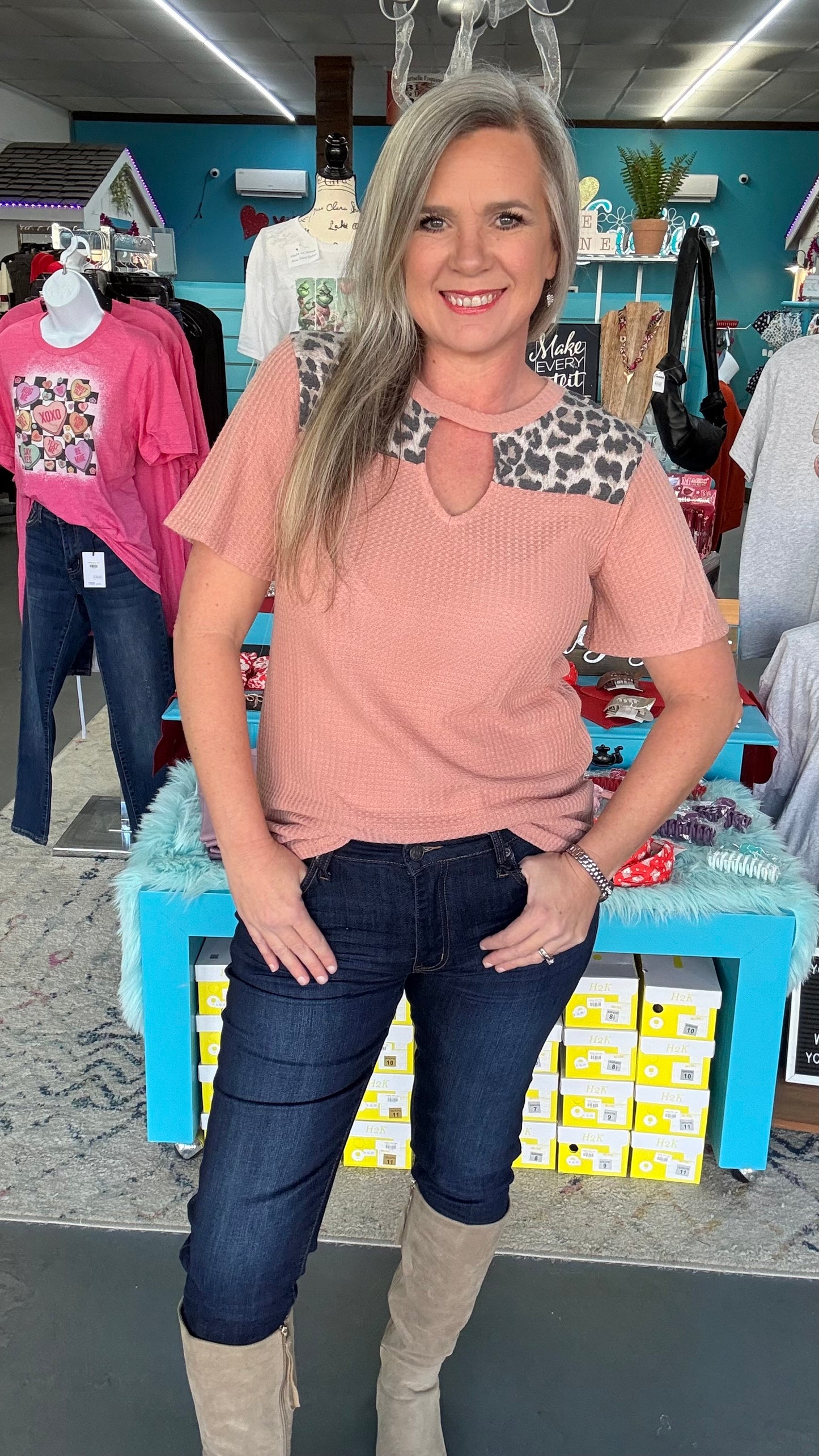 Leopard Keyhole Waffle Top