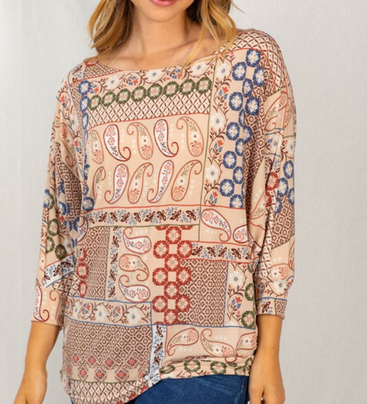 Patchwork Print Dolman Top