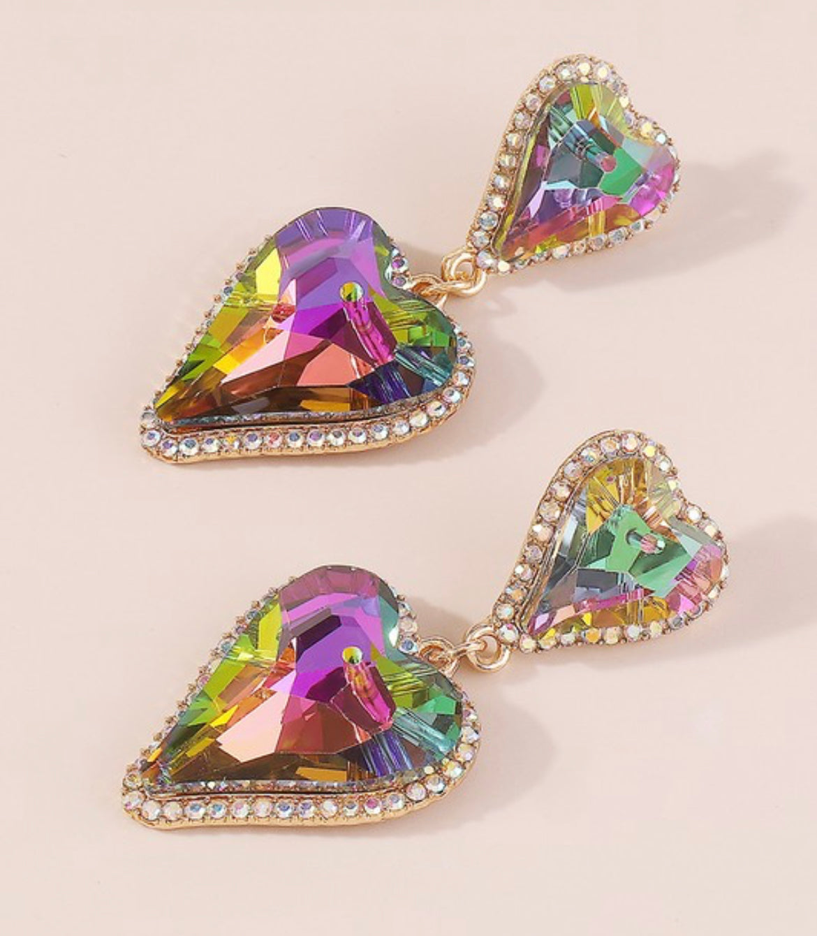 Iridescent Rhinestone Heart Earrings