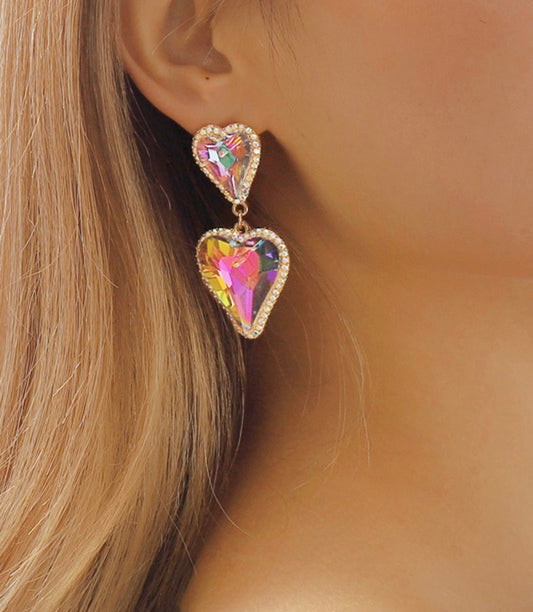 Iridescent Rhinestone Heart Earrings