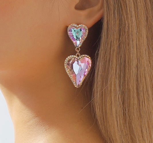 Iridescent Rhinestone Heart Earrings