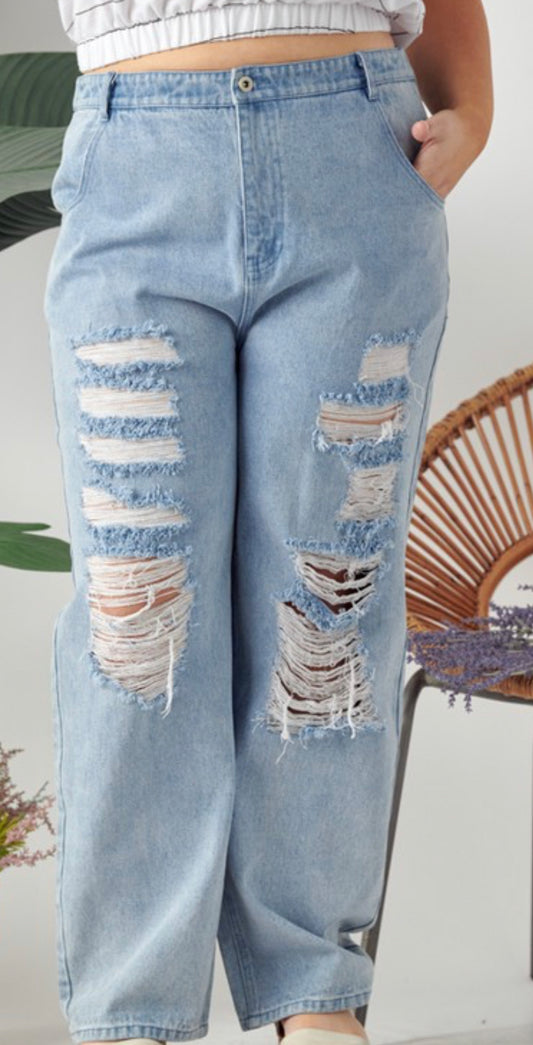Distressed Wide Leg Jeans-Plus