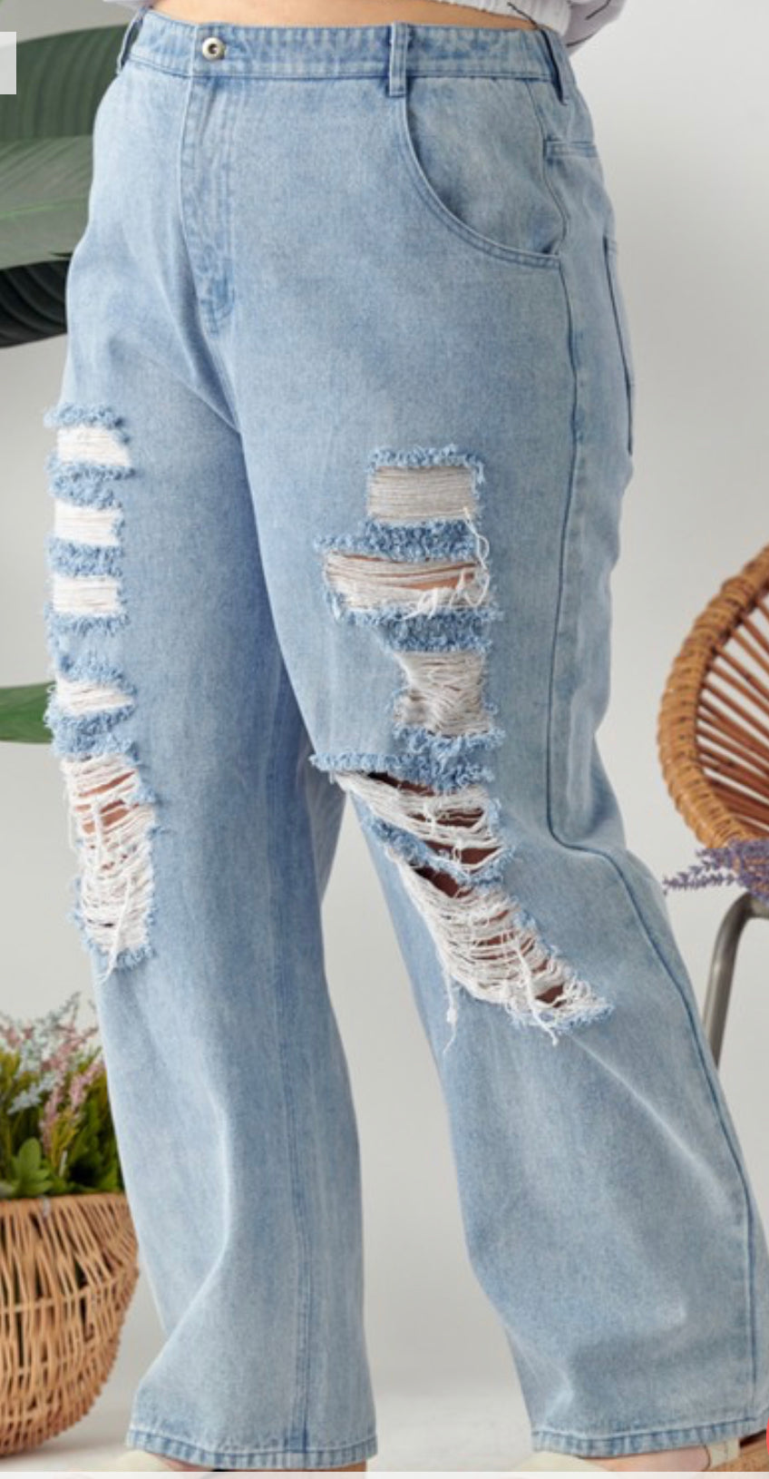 Distressed Wide Leg Jeans-Plus