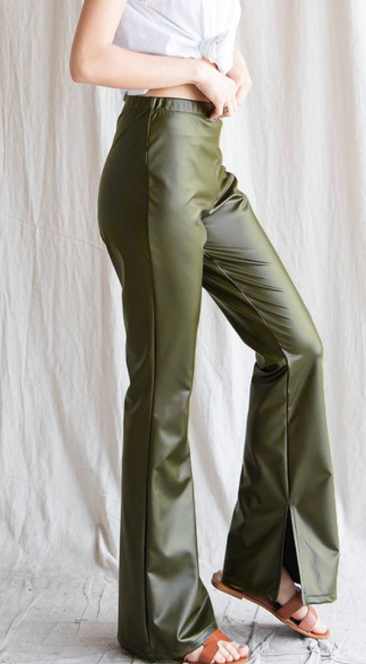 Olive Leather Flares