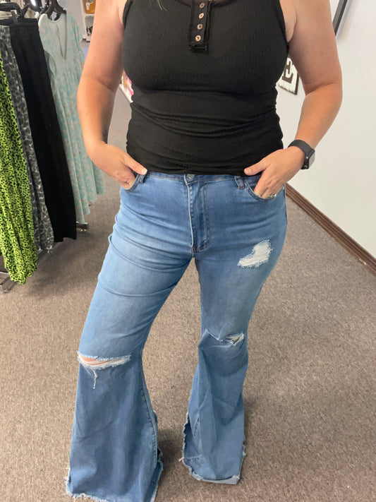 High Waisted Distressed Flares