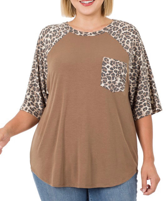 Leopard Raglan Pocket Tee-Plus